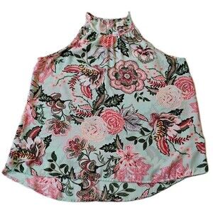 Chenault Women's Floral‎ Light Blue Sleeveless Halter Blouse, Size Petite M